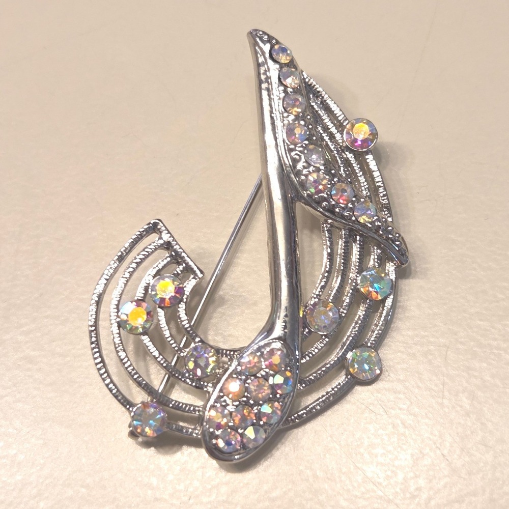 Vintage Musical Note Brooch Silver Tone Rhinestone Embellished‎ Lapel Pin Women